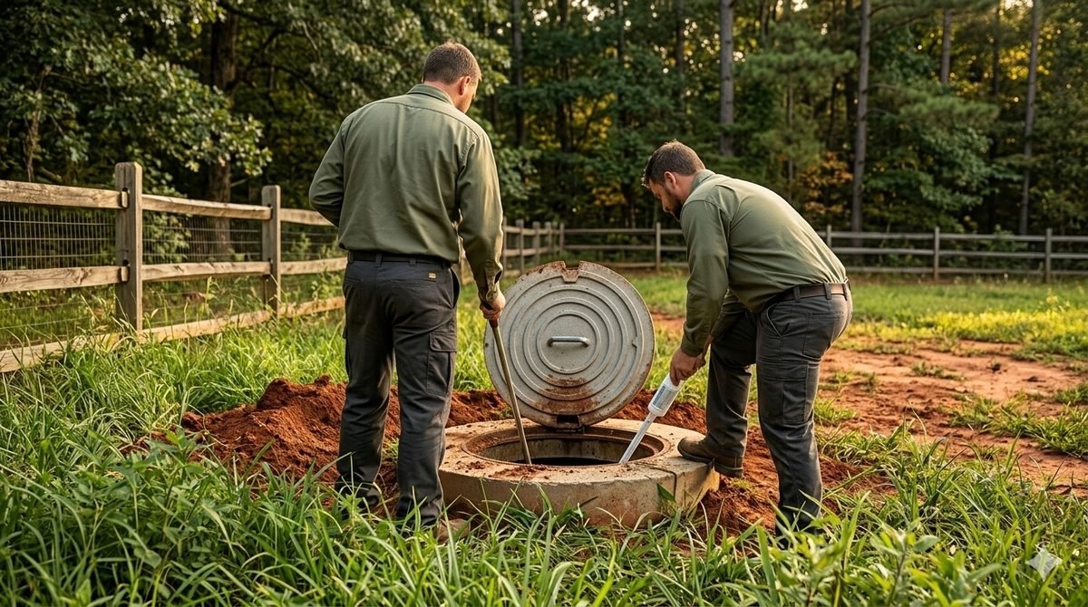 Septic service crew working on a rural property in Waynesboro, Burke County Georgia